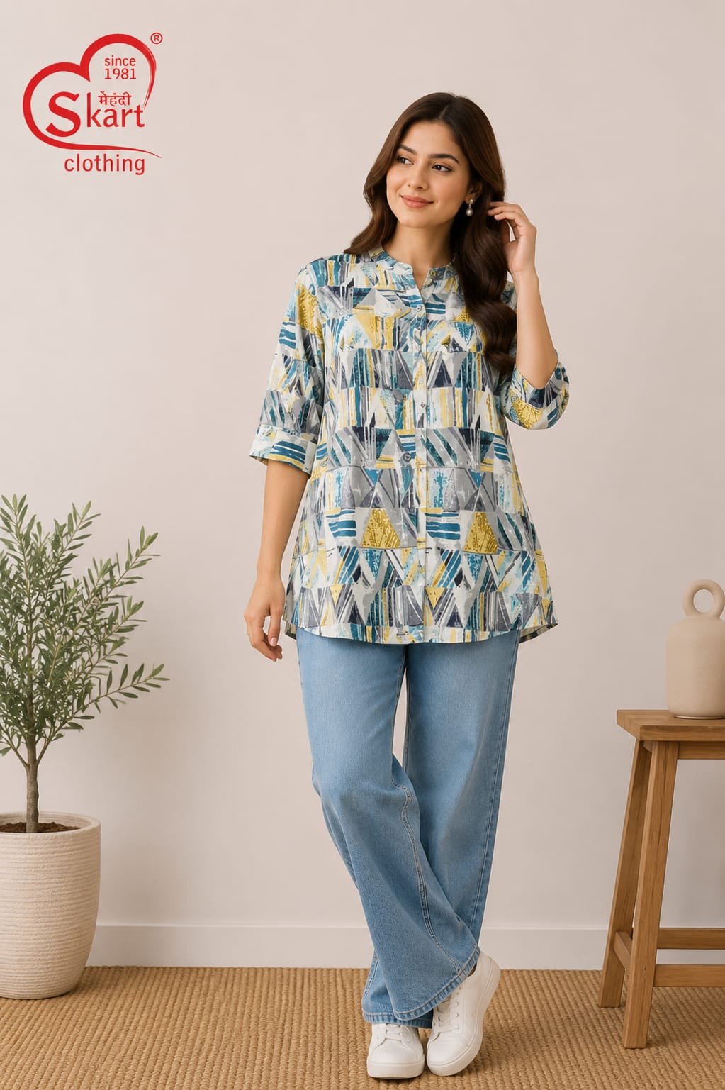 Trendy Blue & Yellow Geometric Printed Women’s Top - View 2