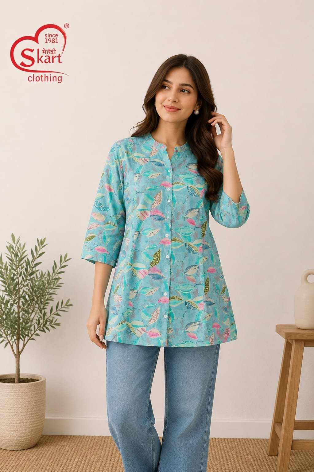 Elegant Aqua Blue Printed Women’s Kurti - View 2
