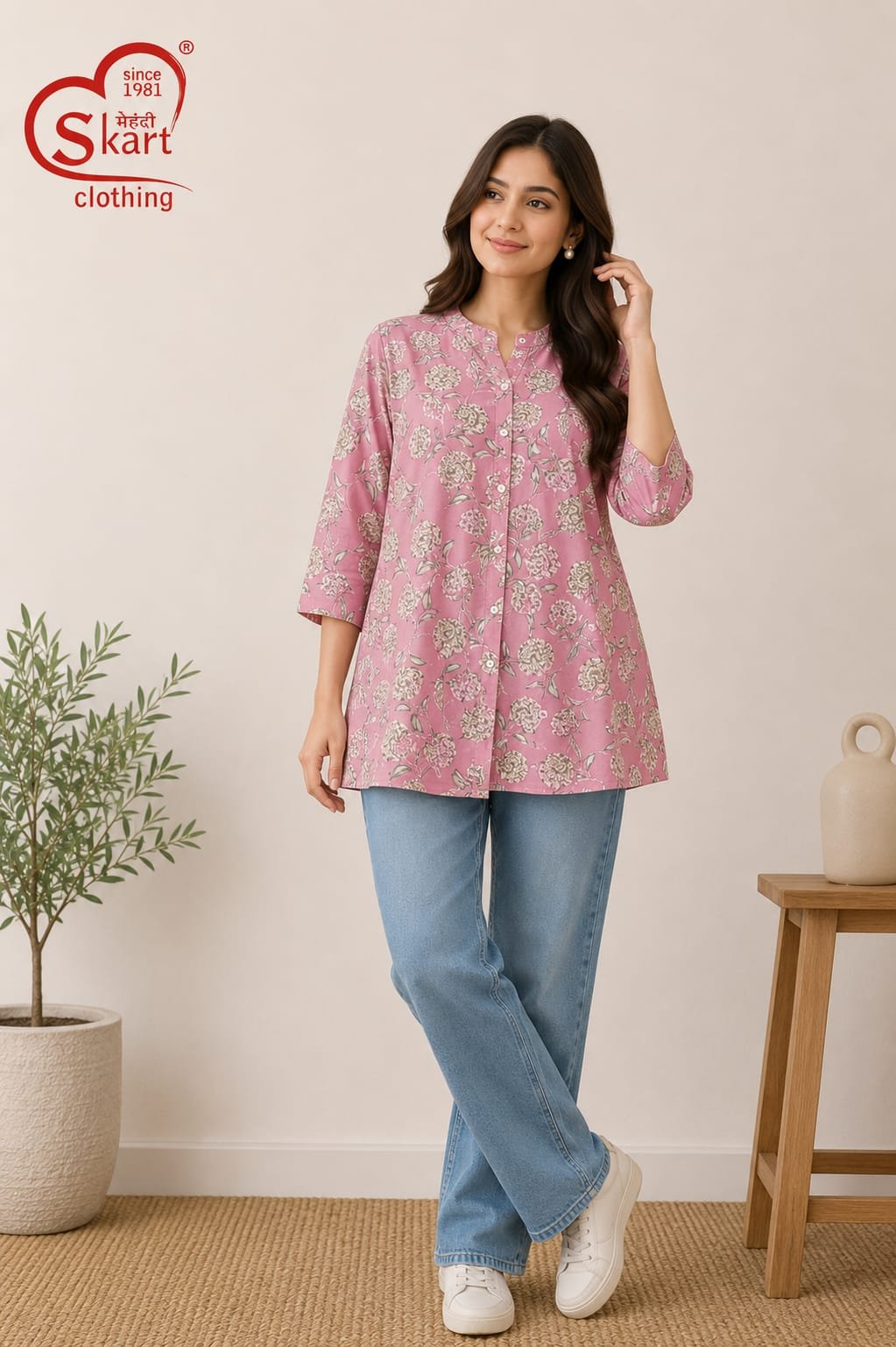 Elegant Pink Floral Printed Women’s Kurti - View 2