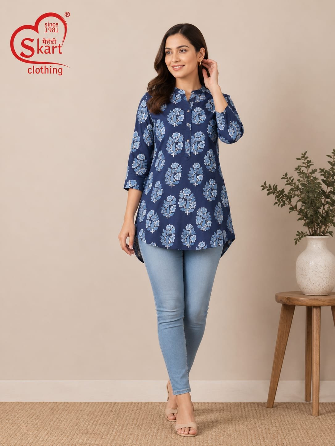 Elegant Navy Blue Floral Printed Women’s Tunic - View 2