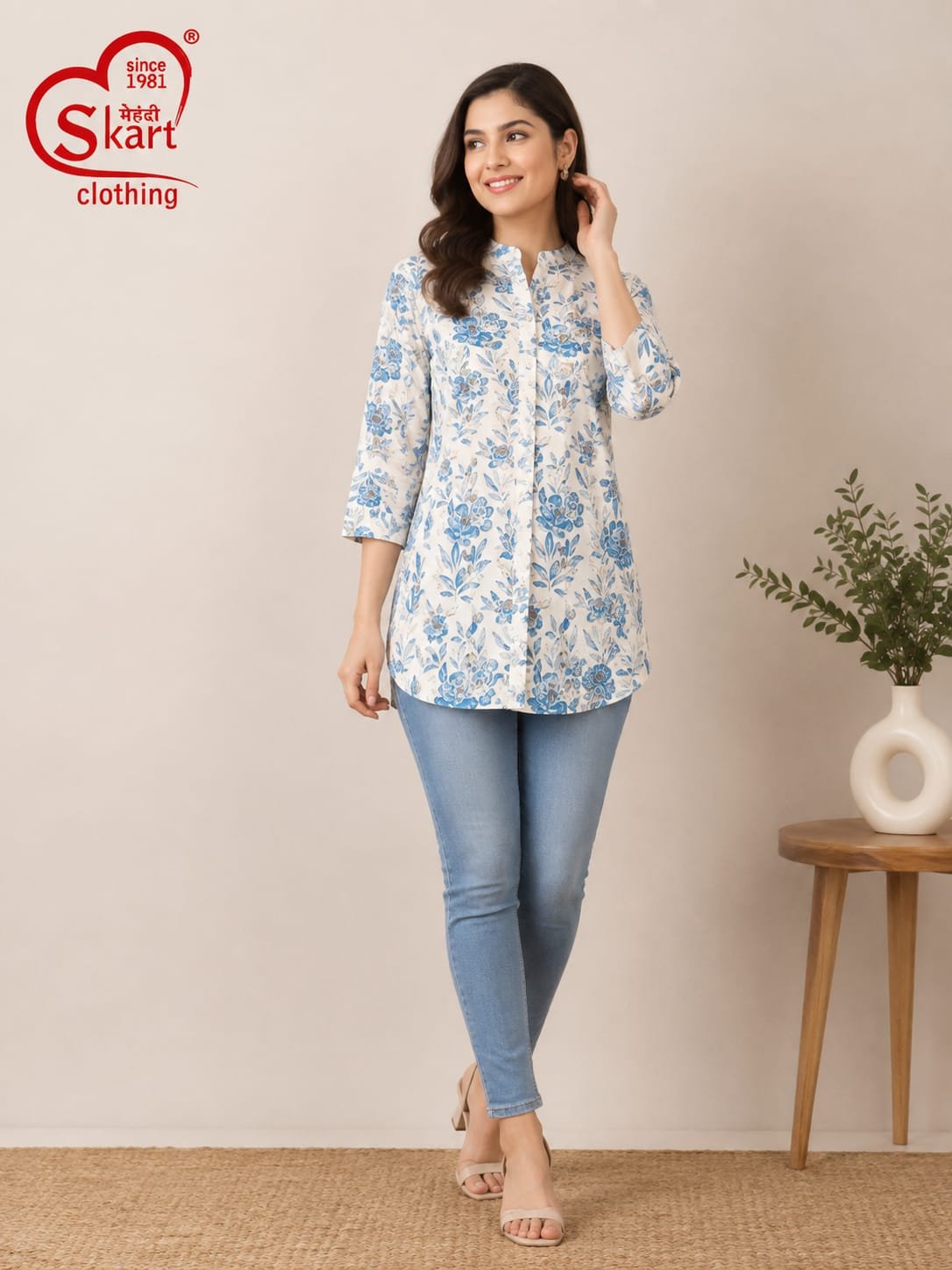 Elegant White & Blue Floral Printed Women’s Tunic - View 2