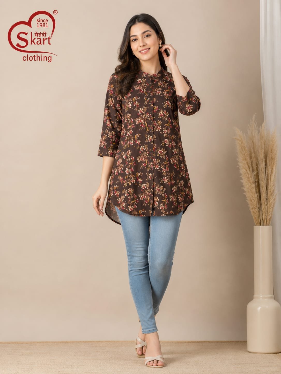 Elegant Brown Floral Printed Women’s Tunic - View 2