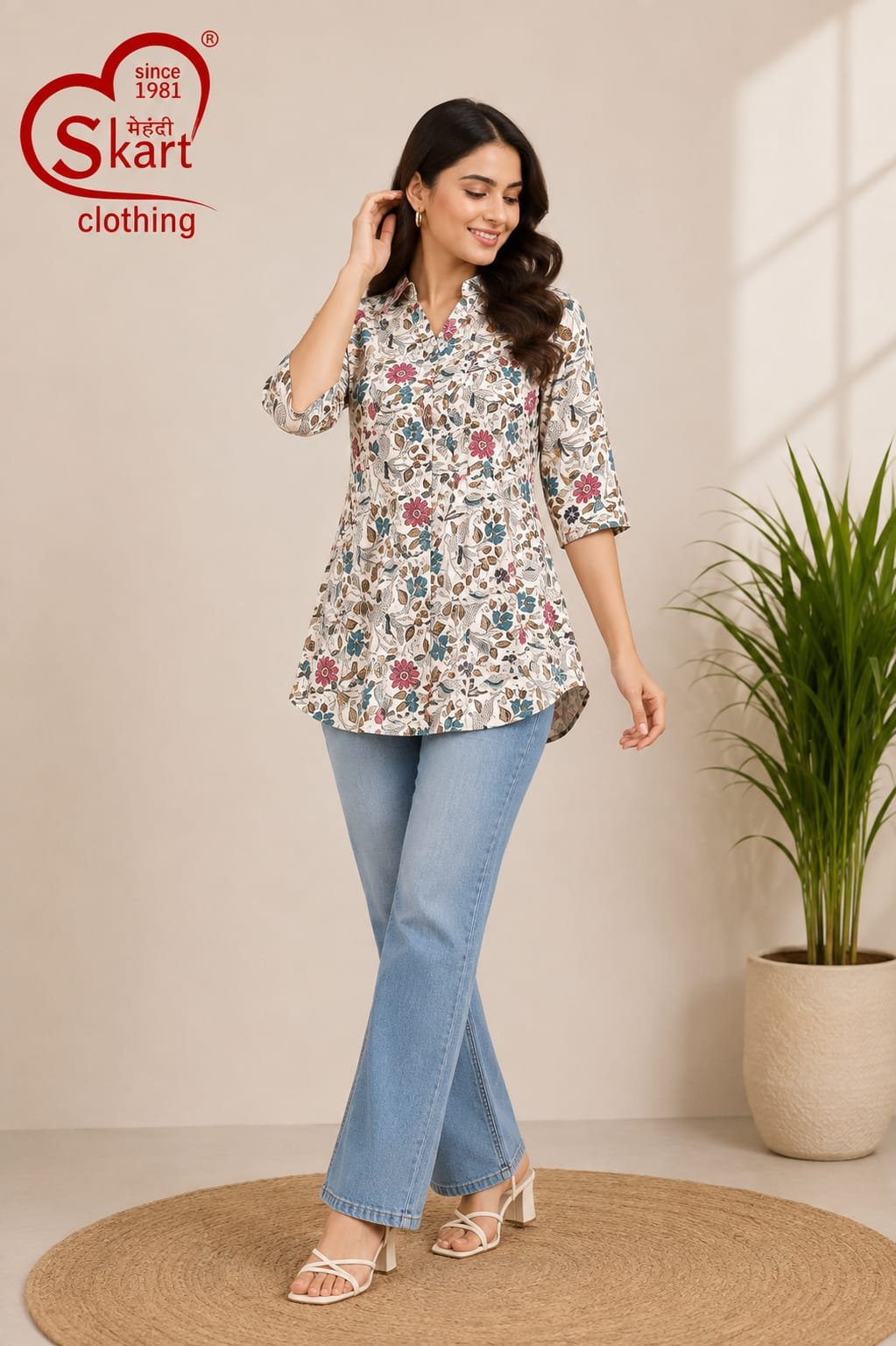 Elegant White Floral Printed Women’s Peplum Tunic - View 2