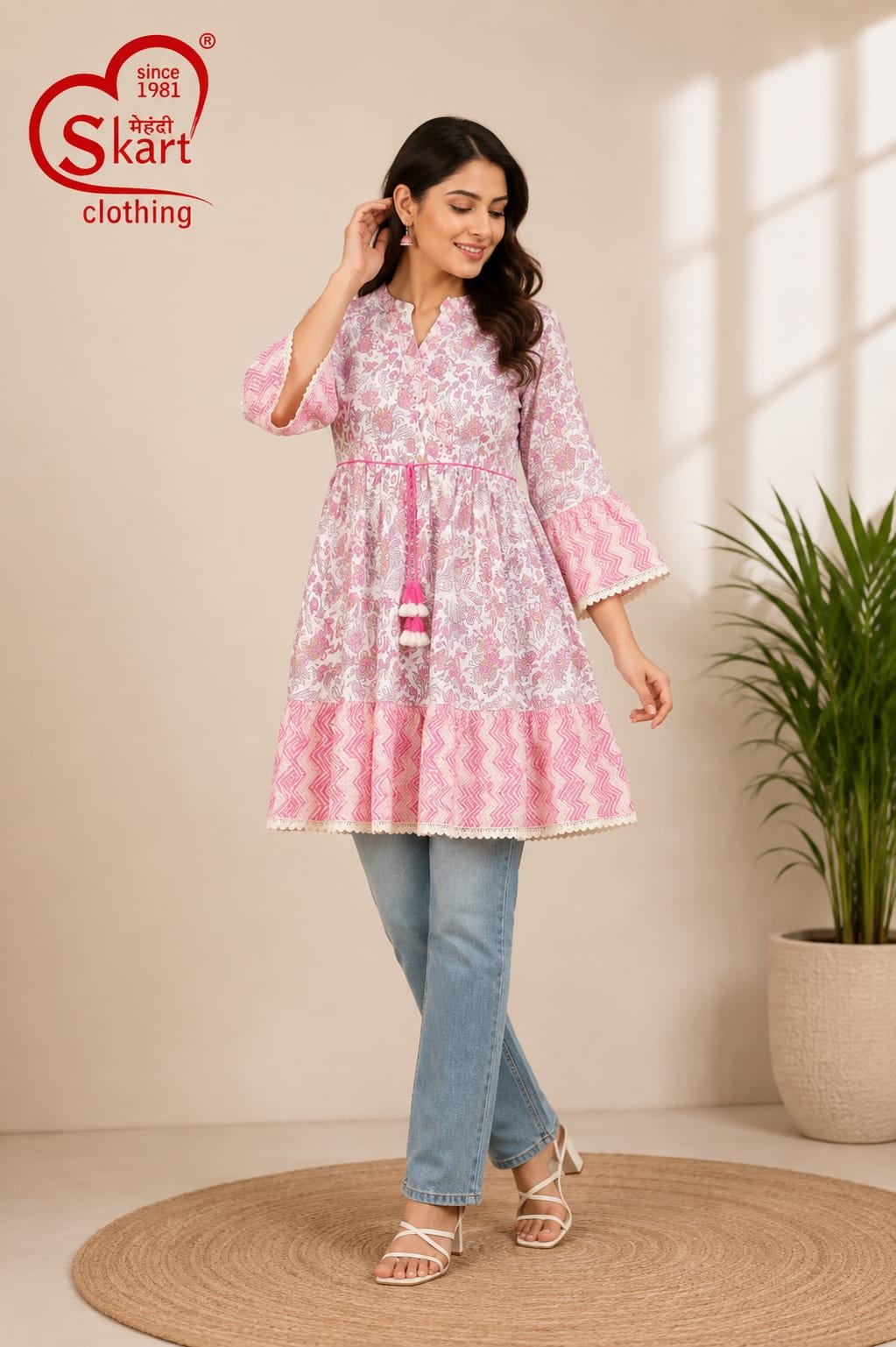 Elegant Pink Floral Printed Flared Women’s Tunic - View 2