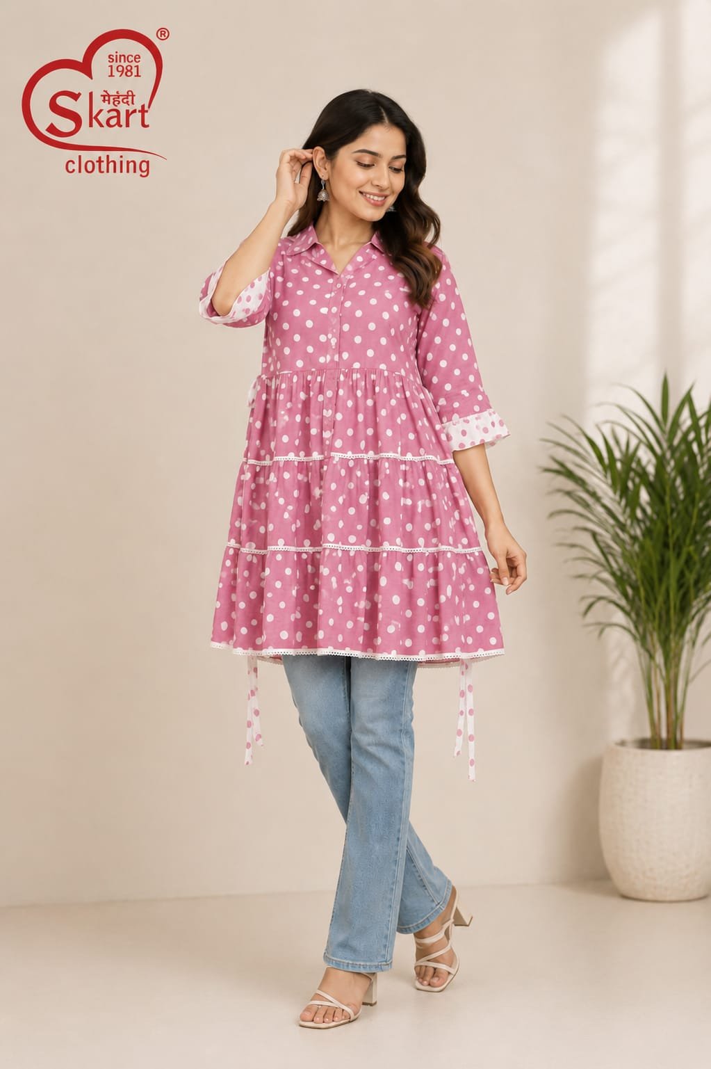 Stylish Pink Polka Dot Tiered Women’s Tunic - View 2