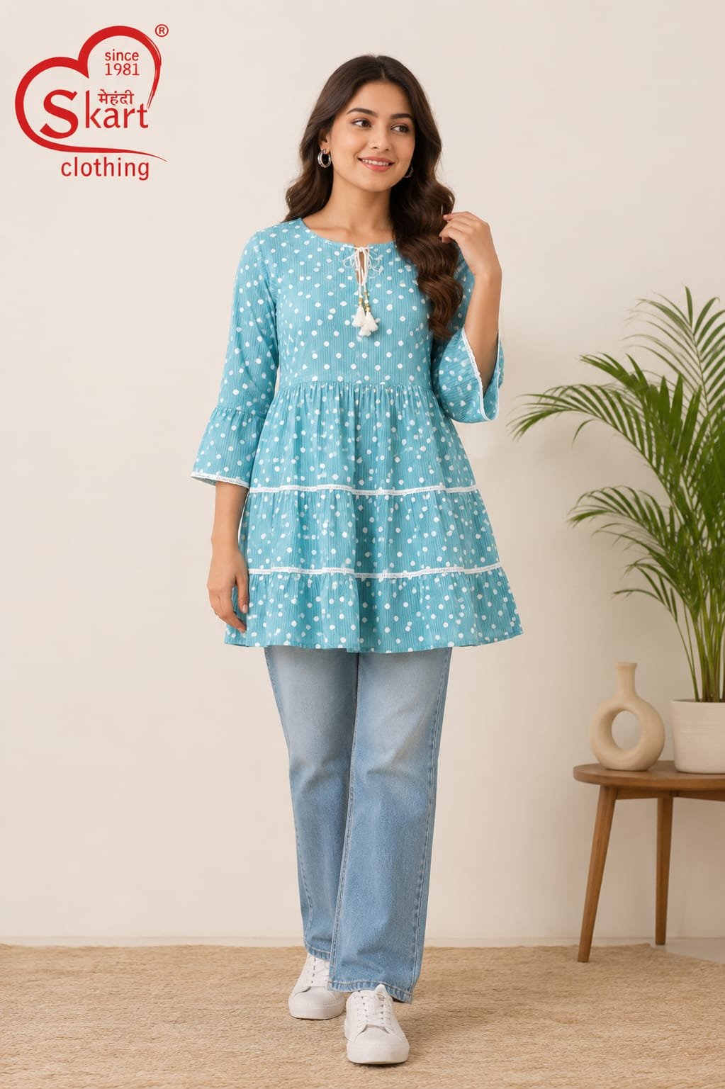 Stylish Sky Blue Polka Dot Tiered Women’s Tunic - View 2