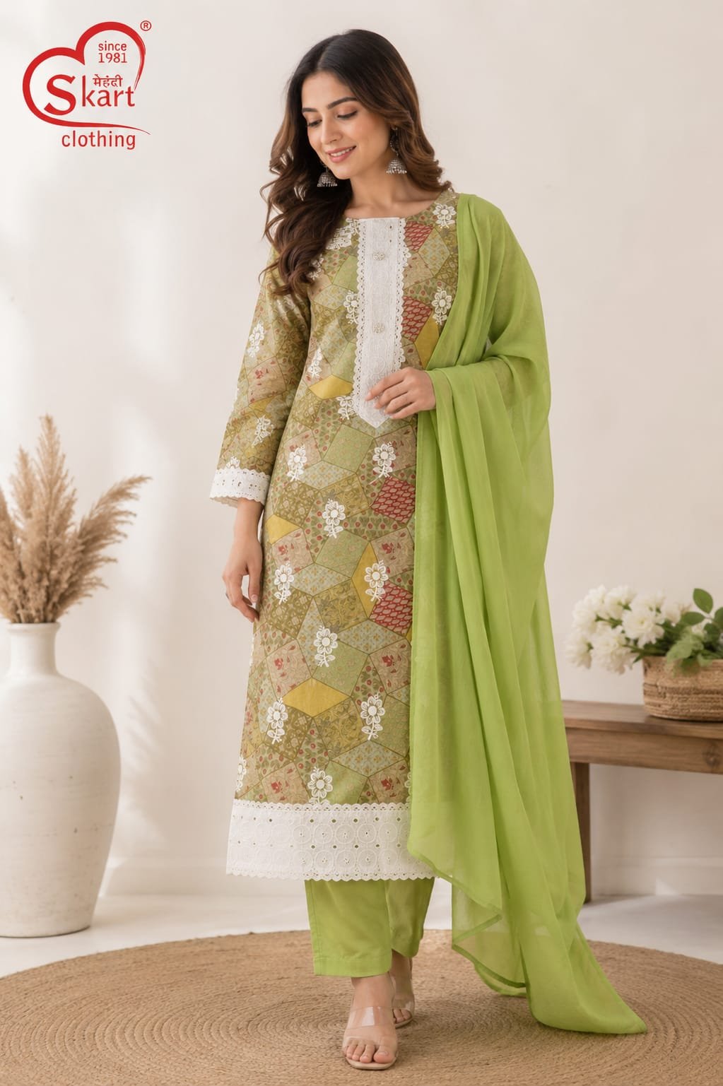 Olive Green Printed Salwar Suit Set with Dupatta - View 2