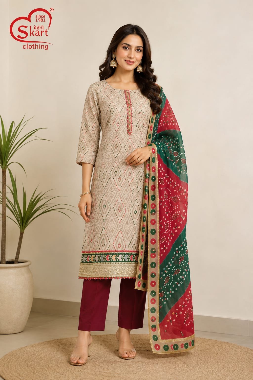 Beige Printed Kurta Set with Maroon Pants & Multicolor Dupatta - View 2