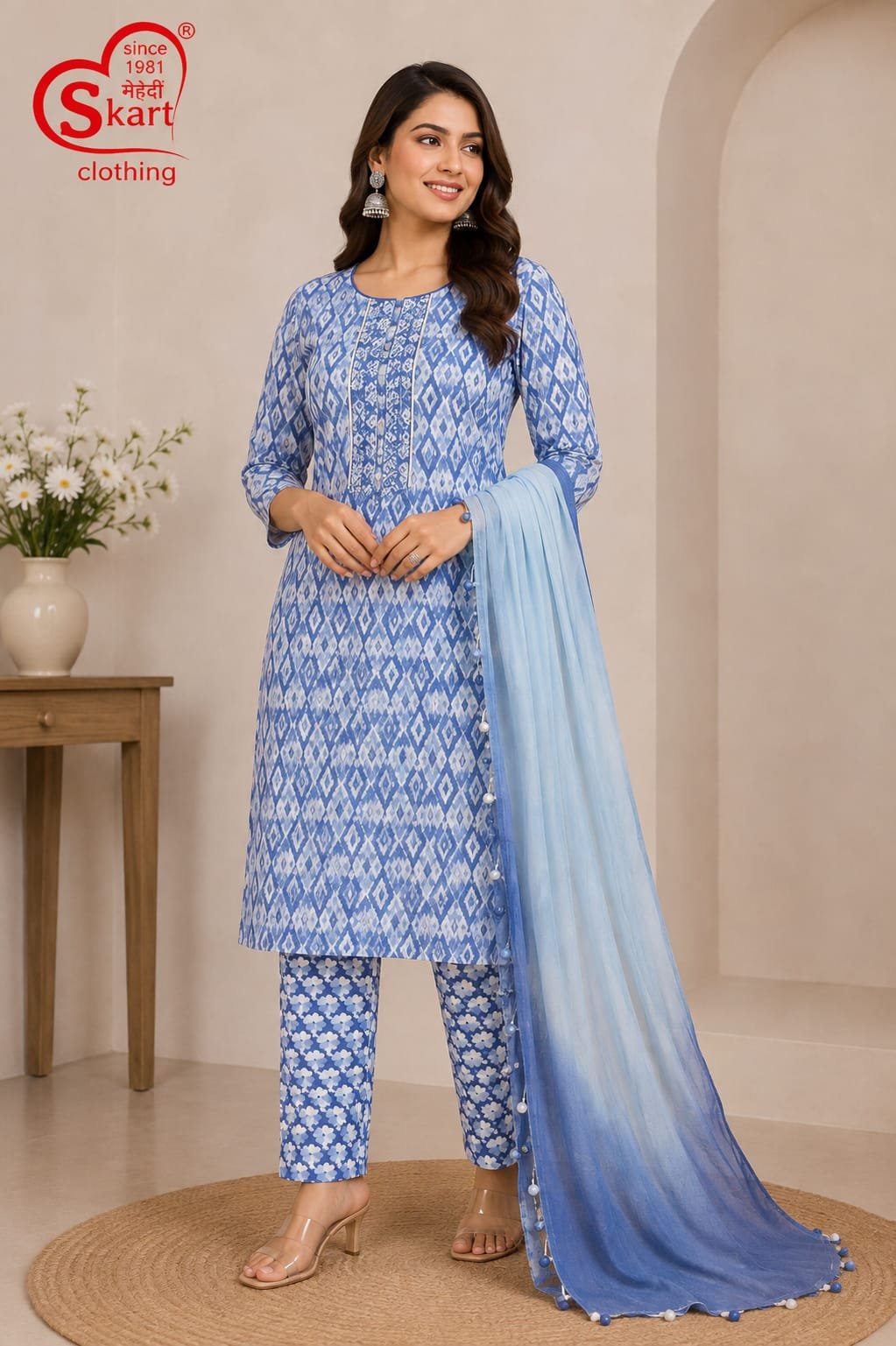 Blue Printed Kurta Set with Floral Pants & Ombre Dupatta - View 2