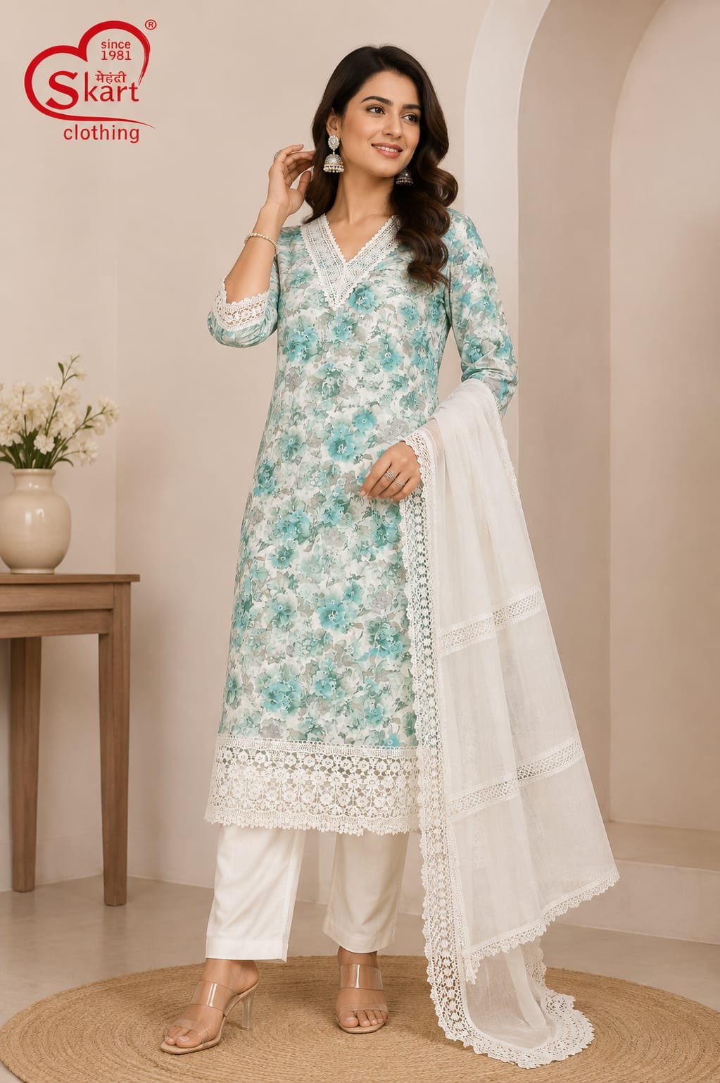 Sea Green Floral Printed Kurta Set with White Dupatta - View 2