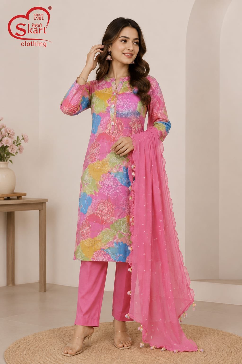 Pink Multicolor Printed Kurta Set with Matching Dupatta - View 2