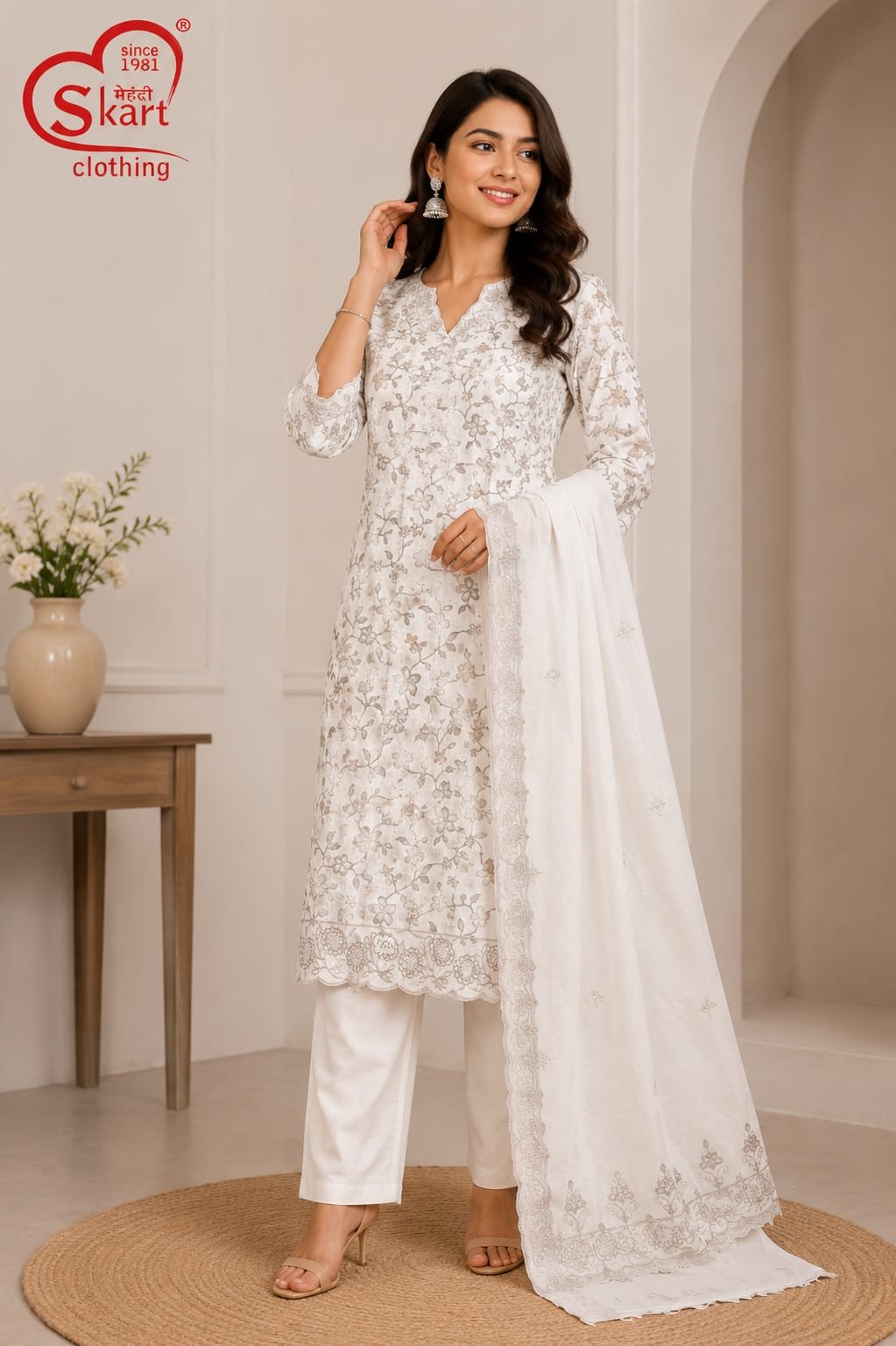 White Floral Printed Kurta Set with Lace Dupatta - View 2