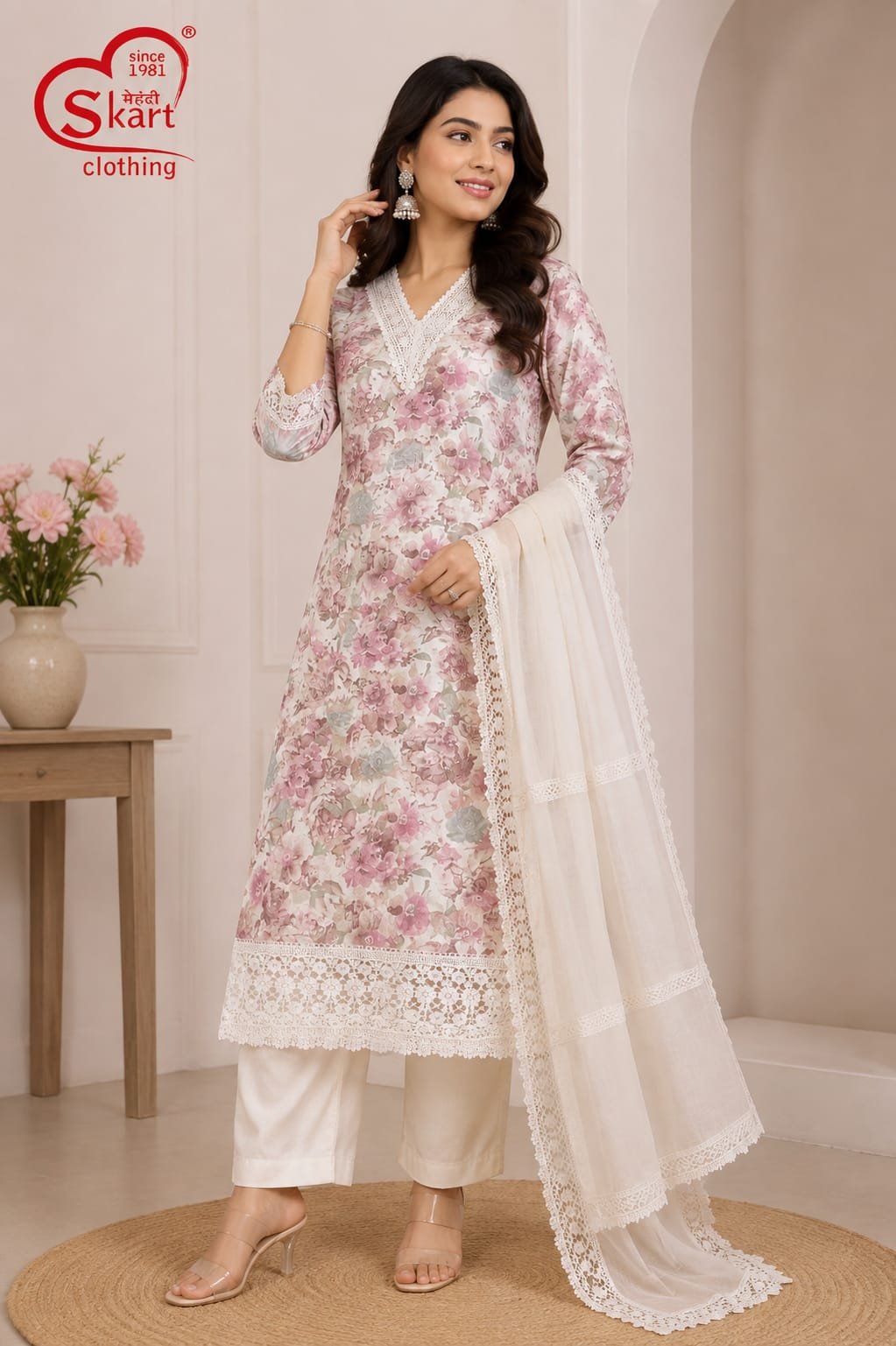 Pink Floral Printed Kurta Set with White Lace Dupatta - View 2