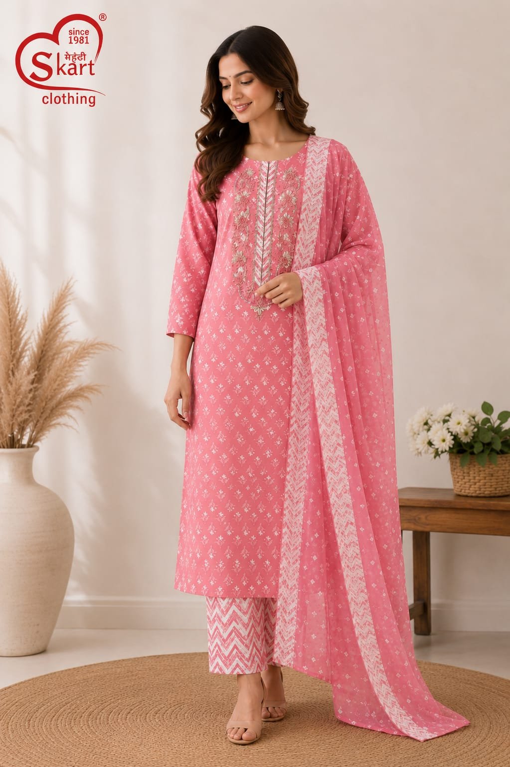 Pink Printed Kurta Set with Chevron Pants & Dupatta - View 2