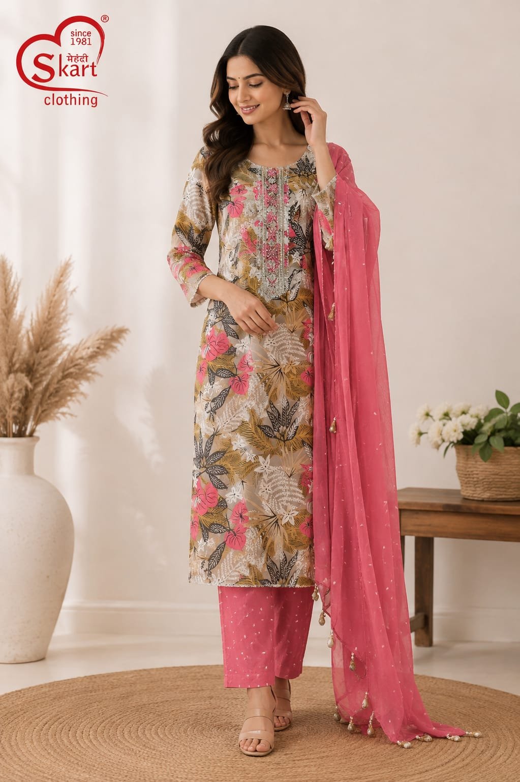 Floral Printed Kurta Set with Pink Dupatta - View 2