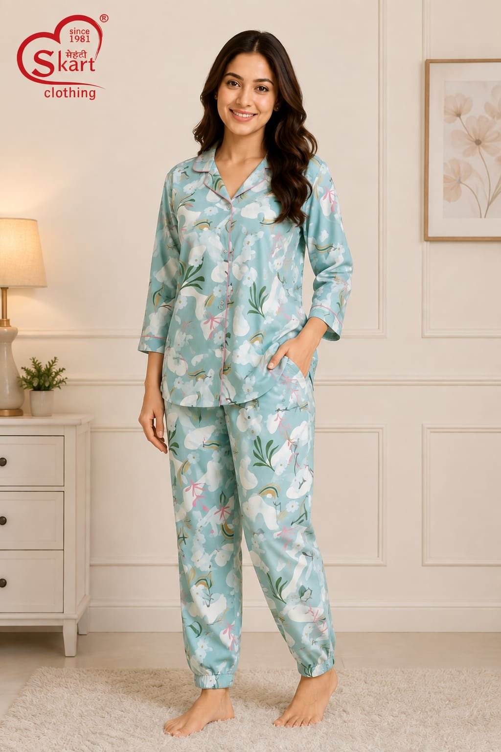 Sky Blue Floral Printed Women’s Night Suit - View 2