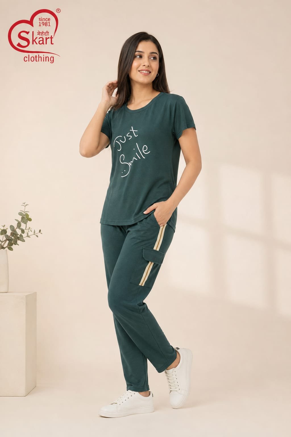 Dark Green “Just Smile” Women’s Casual Co-ord Set - View 2