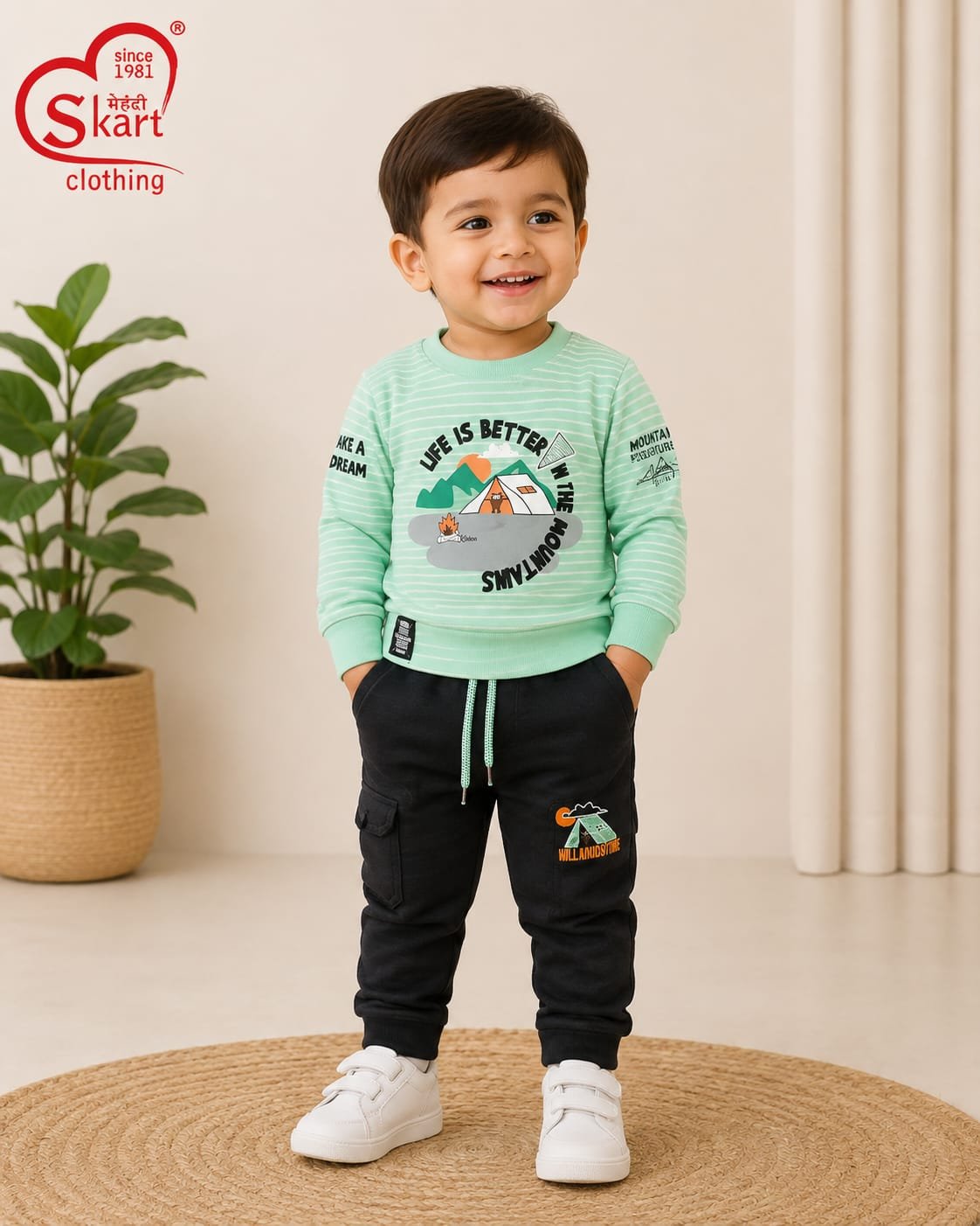 Mint Green Printed Sweatshirt & Black Cargo Pants Set for Boys - View 2