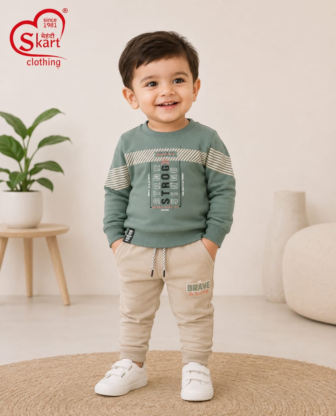 Sage Green Printed Sweatshirt & Beige Jogger Set for Boys - View 2