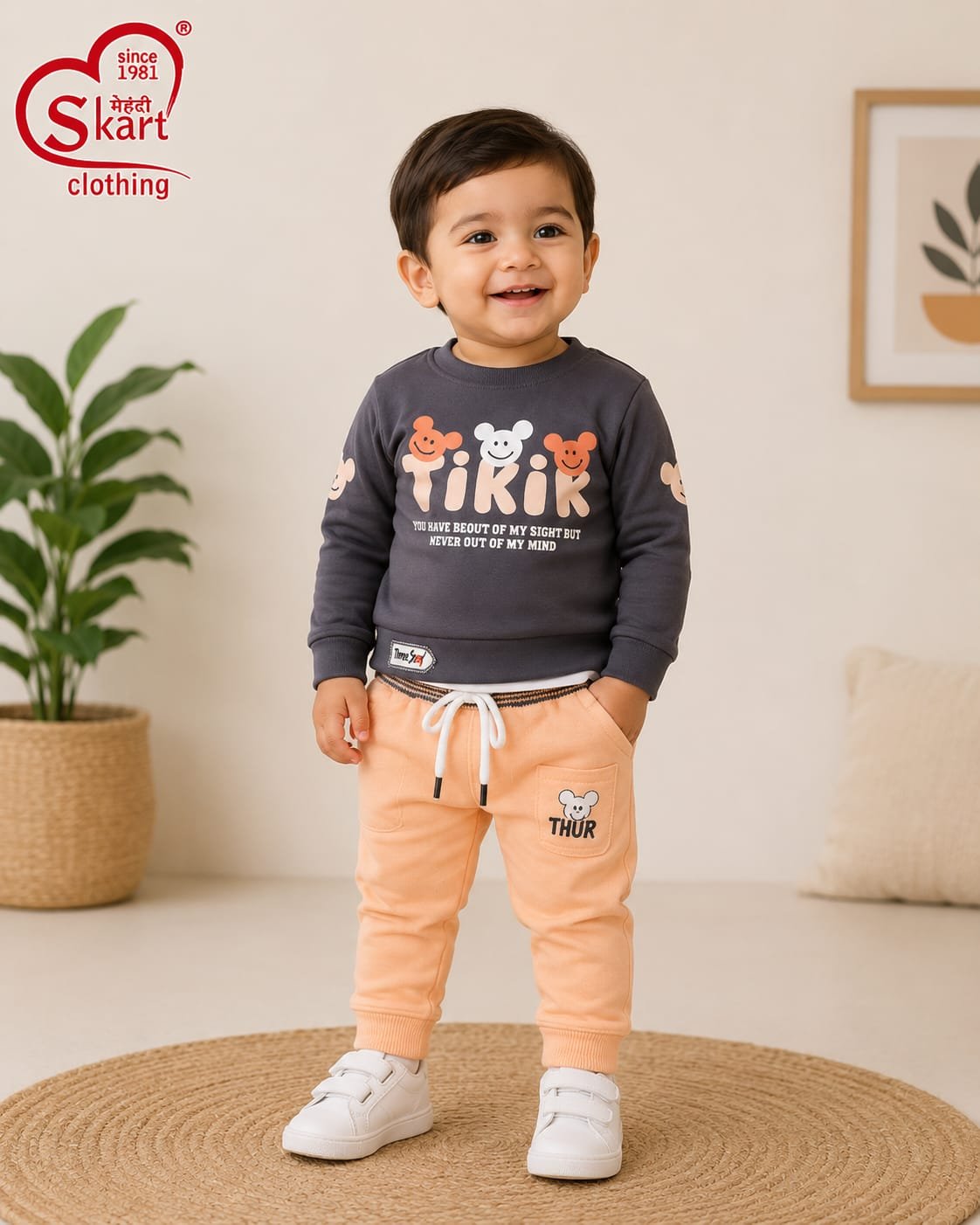 Charcoal Grey Printed Sweatshirt & Peach Jogger Set for Boys - View 2