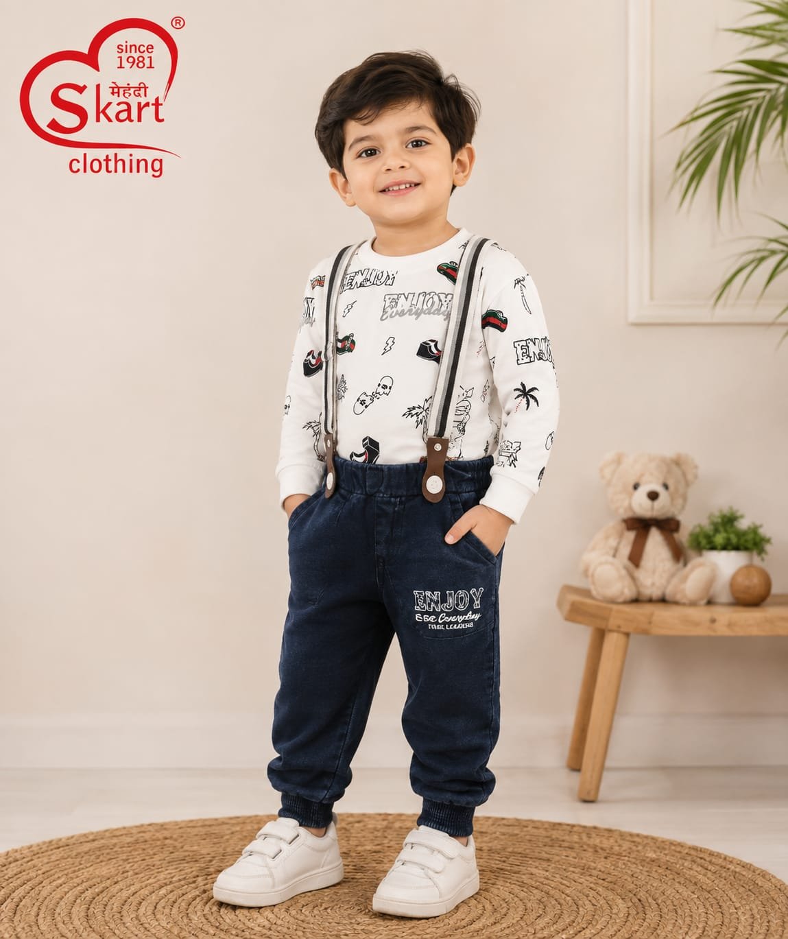 Boys Stylish Printed Sweatshirt with Denim-Style Joggers & Suspenders - View 2