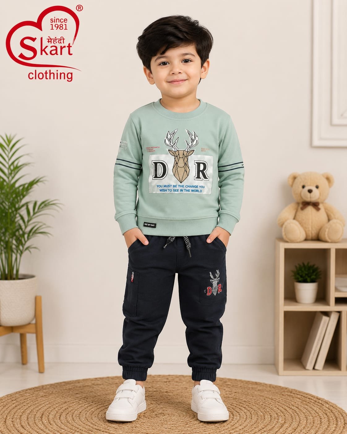 Boys Stylish Mint Green Printed Sweatshirt with Black Jogger Pants - View 2