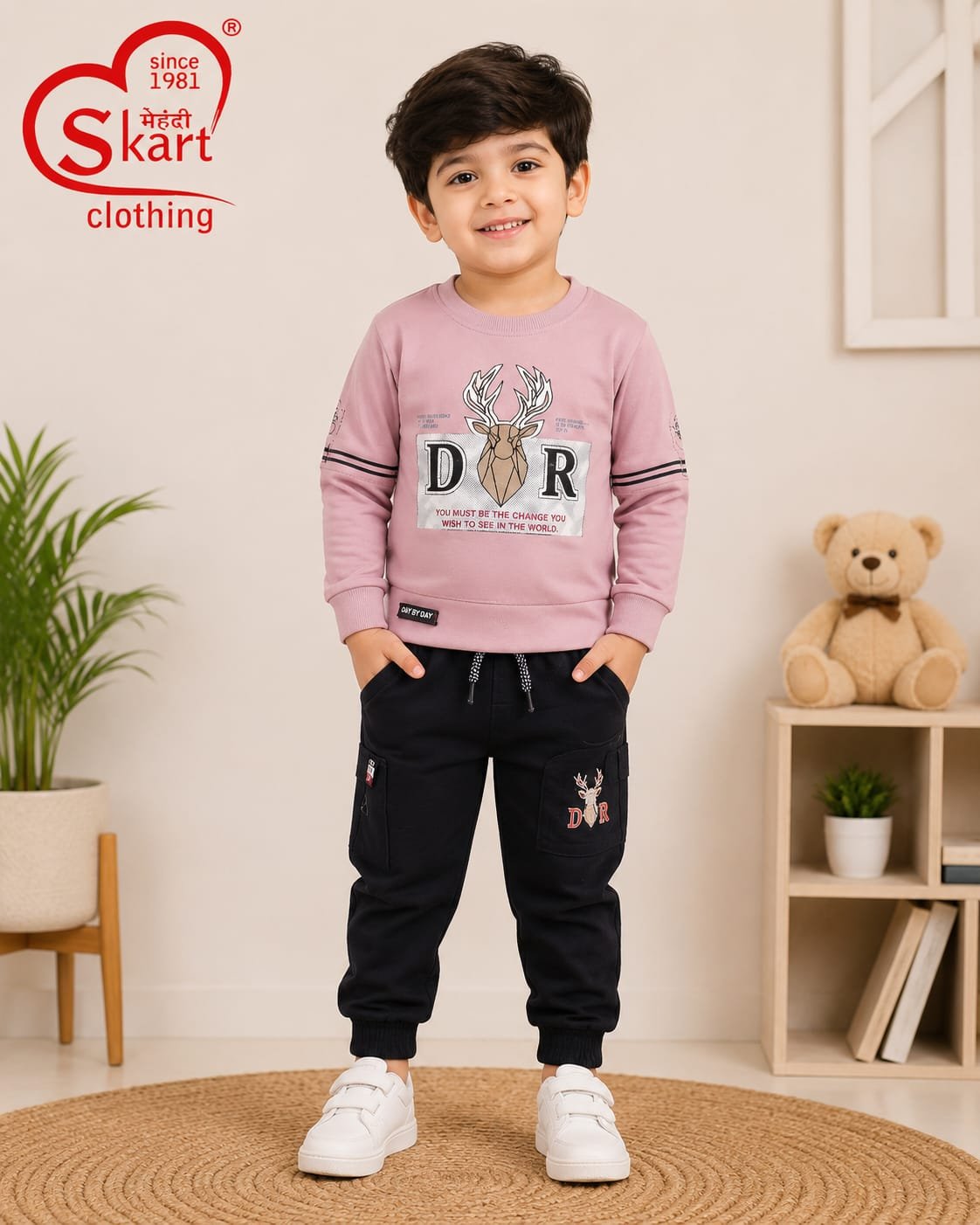 Boys Stylish Pink Printed Sweatshirt with Black Jogger Pants - View 2