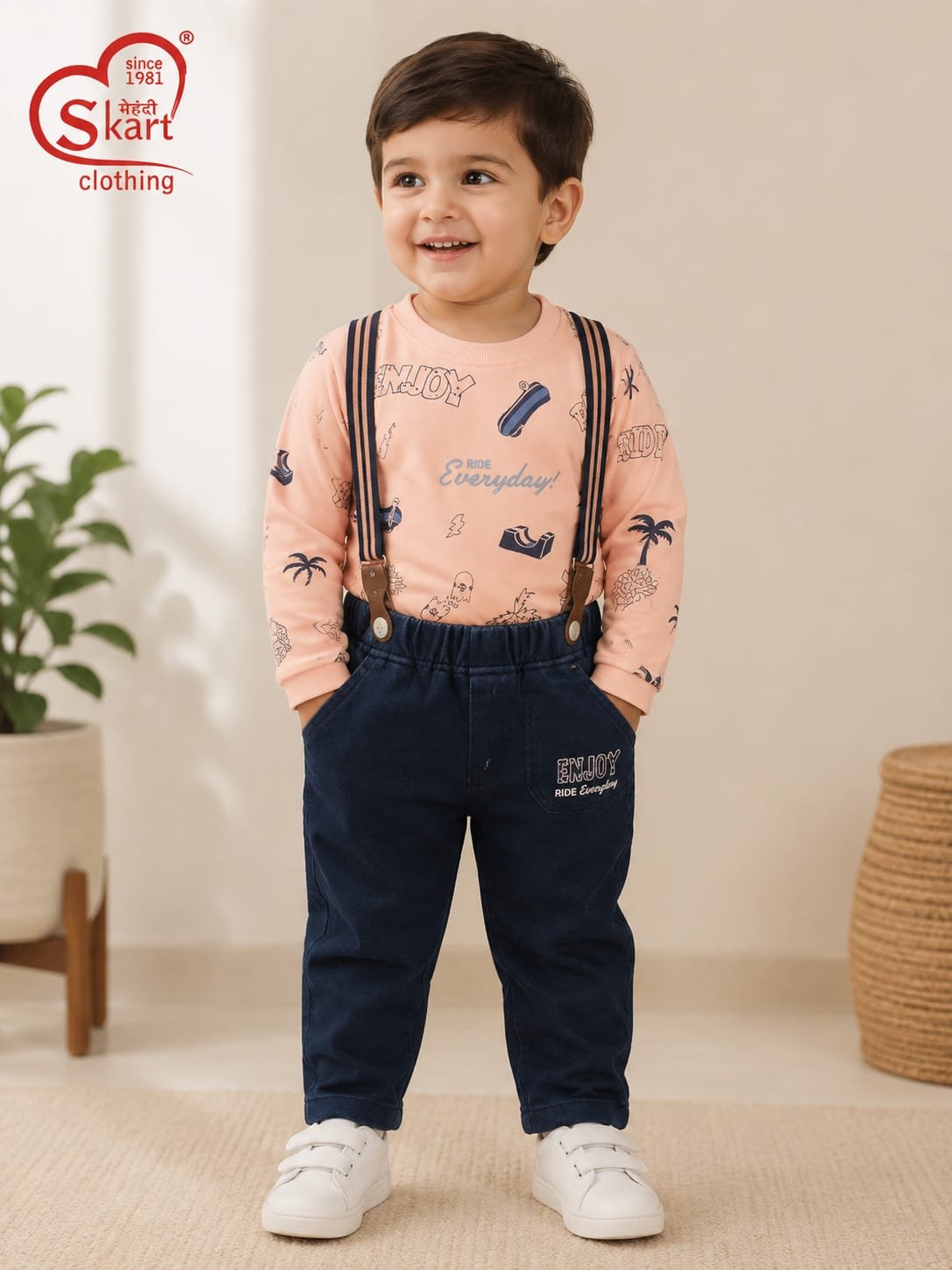 Peach Printed Sweatshirt with Navy Blue Suspender Jogger Set for Boys - View 2