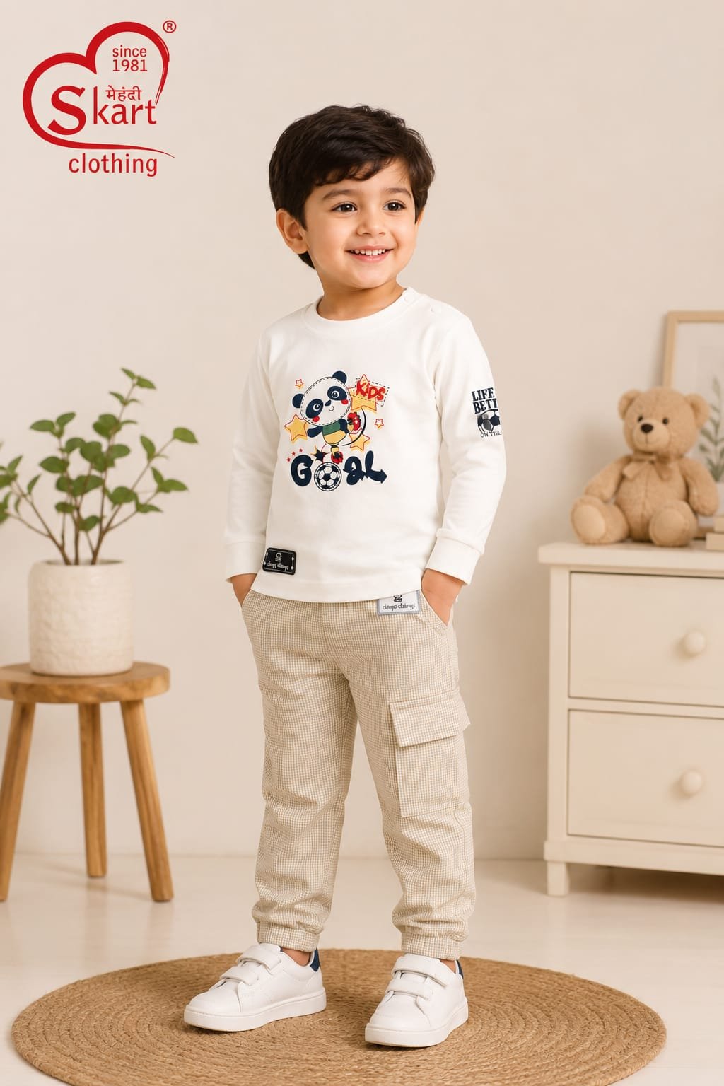 White Printed Full-Sleeve T-Shirt with Beige Check Cargo Pants for Boys - View 2