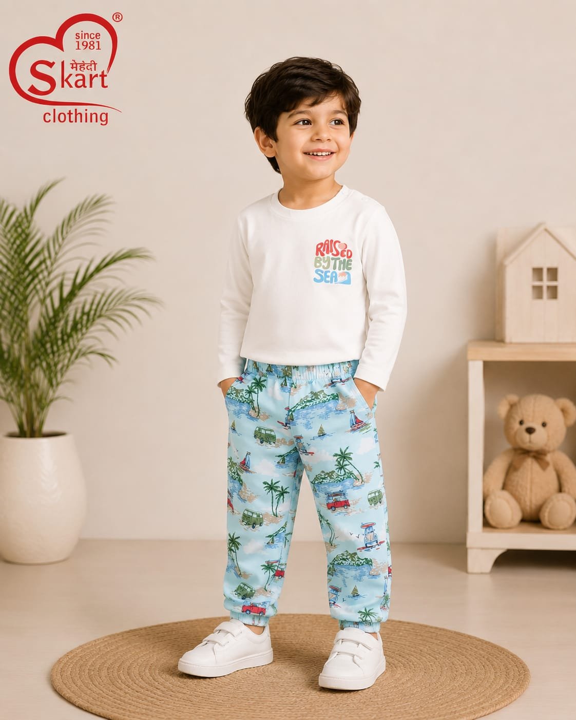 White Full-Sleeve Printed T-Shirt with Tropical Beach Print Jogger Set for Boys - View 2