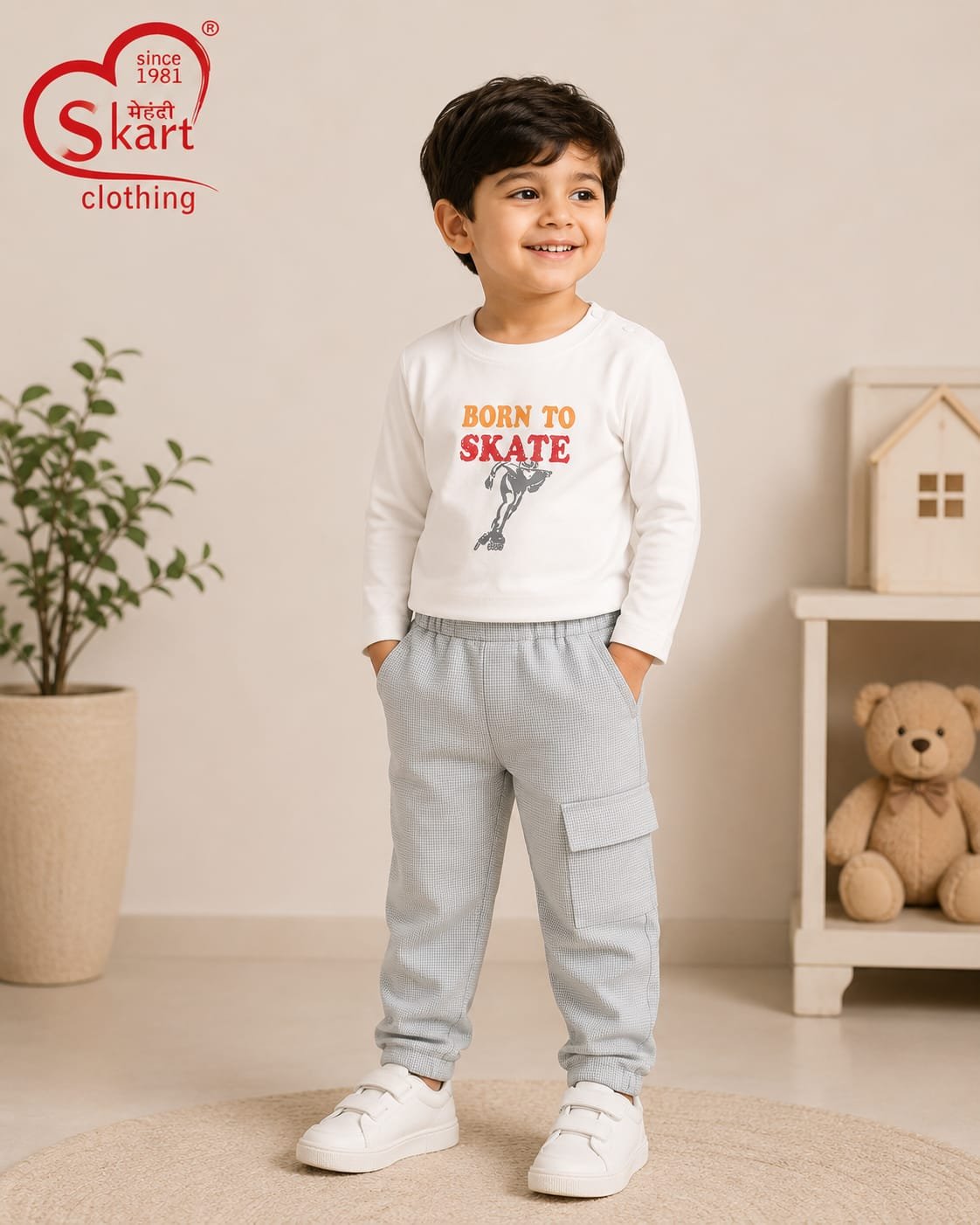 Boys’ White Full-Sleeve “Born to Skate” T-Shirt & Grey Cargo Pants Set - View 2