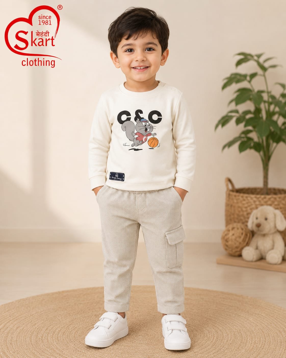 Boys’ Cream Graphic Sweatshirt & Checkered Cargo Pants Set - View 2