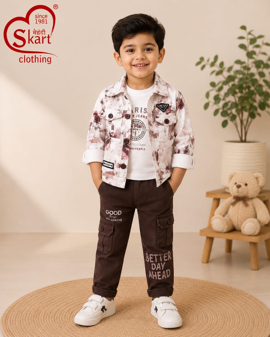 Boys’ Printed Denim Jacket with Graphic T-Shirt & Cargo Pants Set - View 2