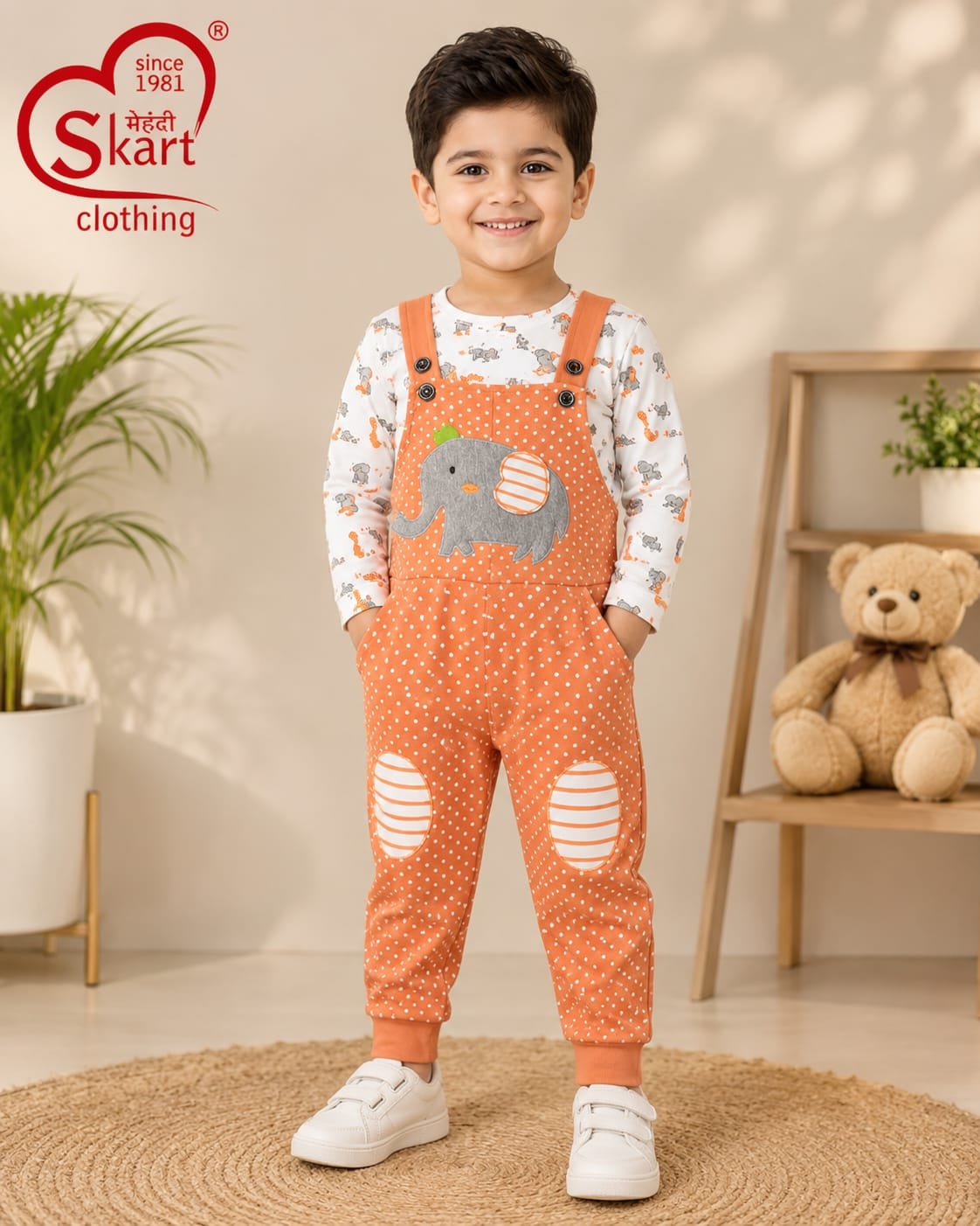 Boys’ Orange Elephant Print Dungaree & Full-Sleeve T-Shirt Set - View 2