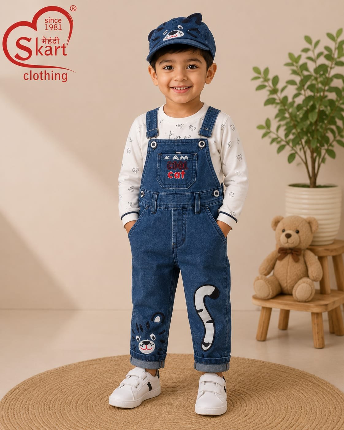 Boys Denim Dungaree Set with Cool Cat Print & Matching Cap - View 2