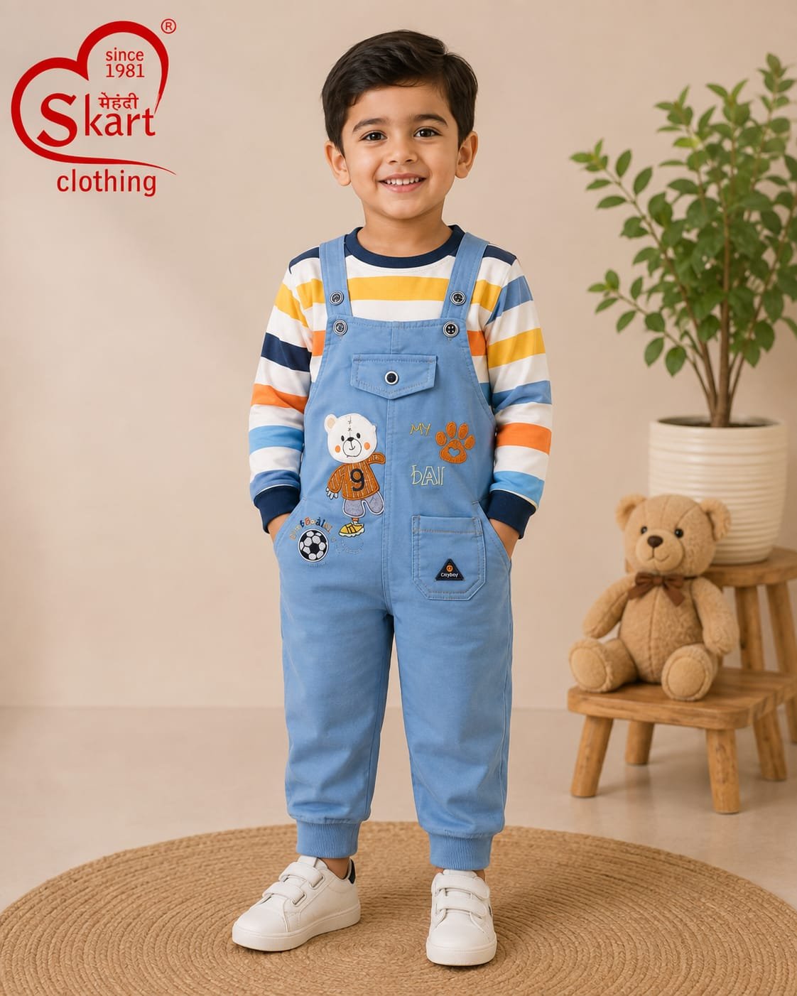 Boys Light Blue Bear Print Dungaree Set with Striped Full-Sleeve T-Shirt - View 2