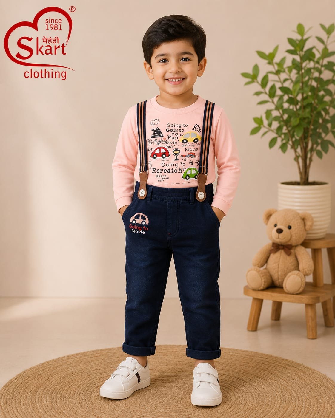 Boys Navy Blue Suspenders Pants Set with Cute Car Print T-Shirt - View 2