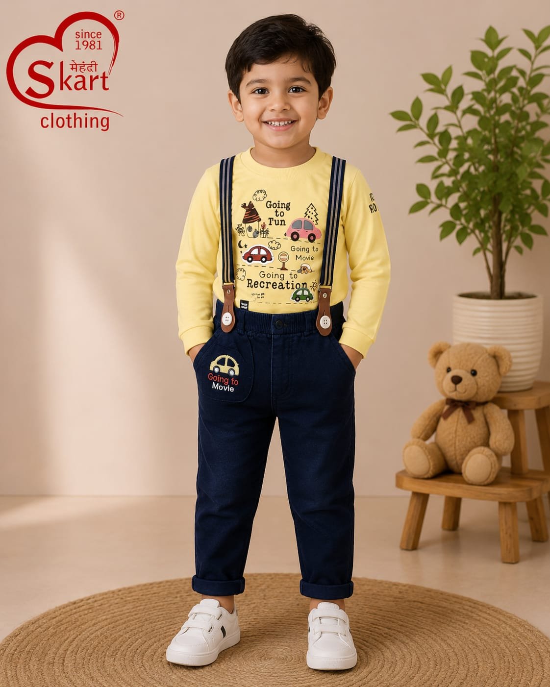 Boys Yellow Printed T-Shirt with Navy Blue Suspenders Pants Set - View 2