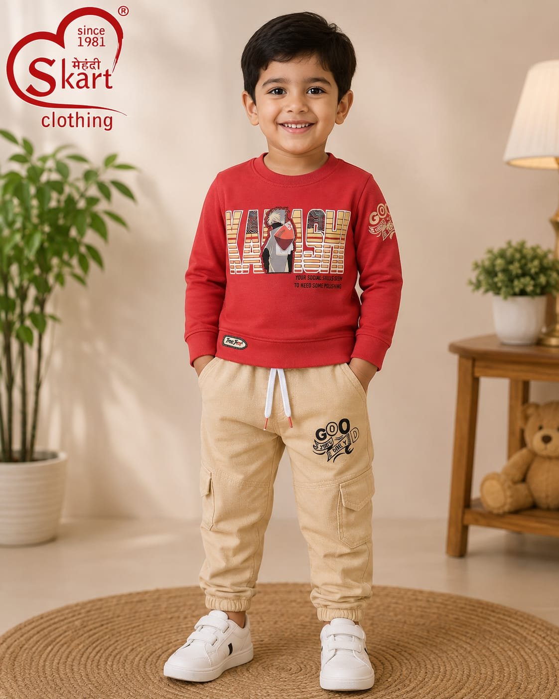 Boys Red Printed Sweatshirt with Beige Cargo Jogger Set - View 2