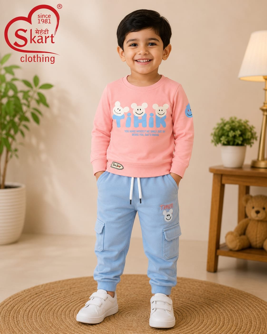 Boys Pink Printed Sweatshirt with Sky Blue Cargo Jogger Set - View 2