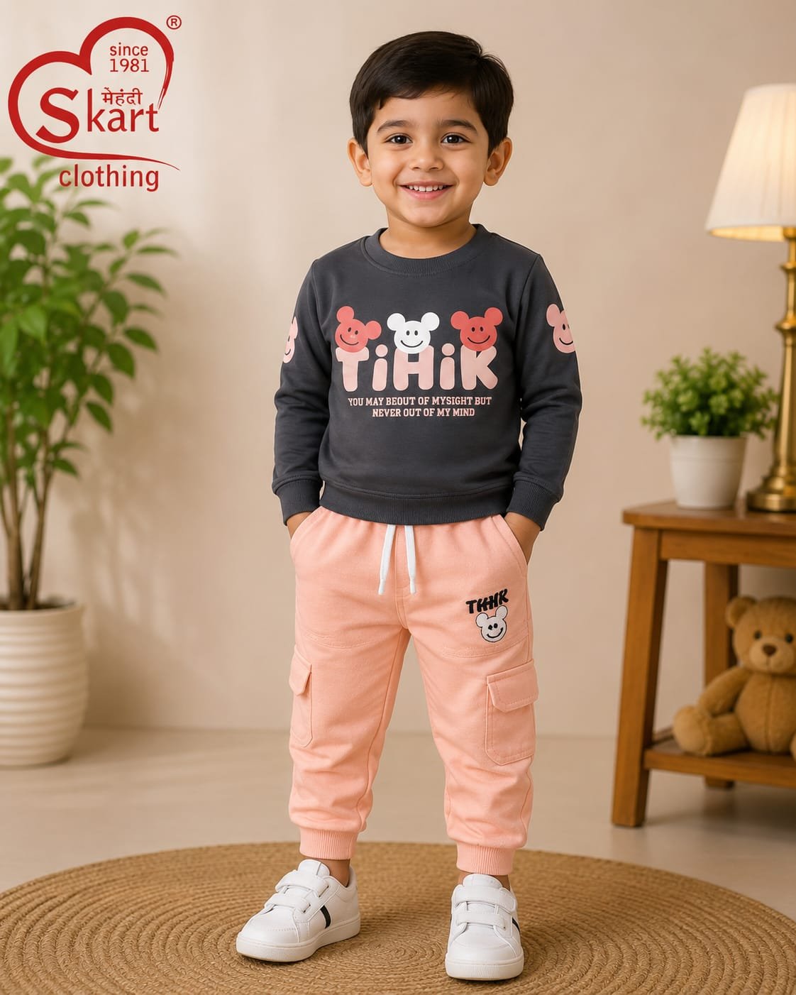 Boys Charcoal Grey Printed Sweatshirt with Peach Cargo Joggers - View 2