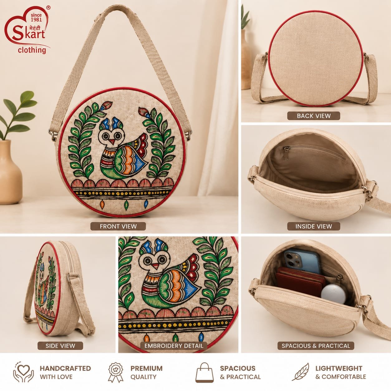 Women’s Round Handcrafted Embroidered Peacock Sling Bag - View 2