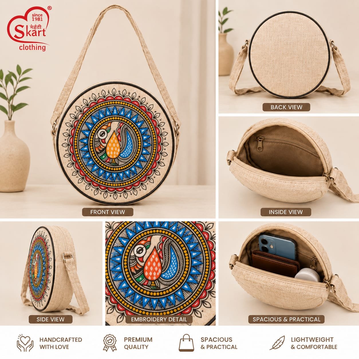 Handcrafted Madhubani Art Round Sling Bag for Women & Girls – Premium Embroidered Crossbody Bag - View 2