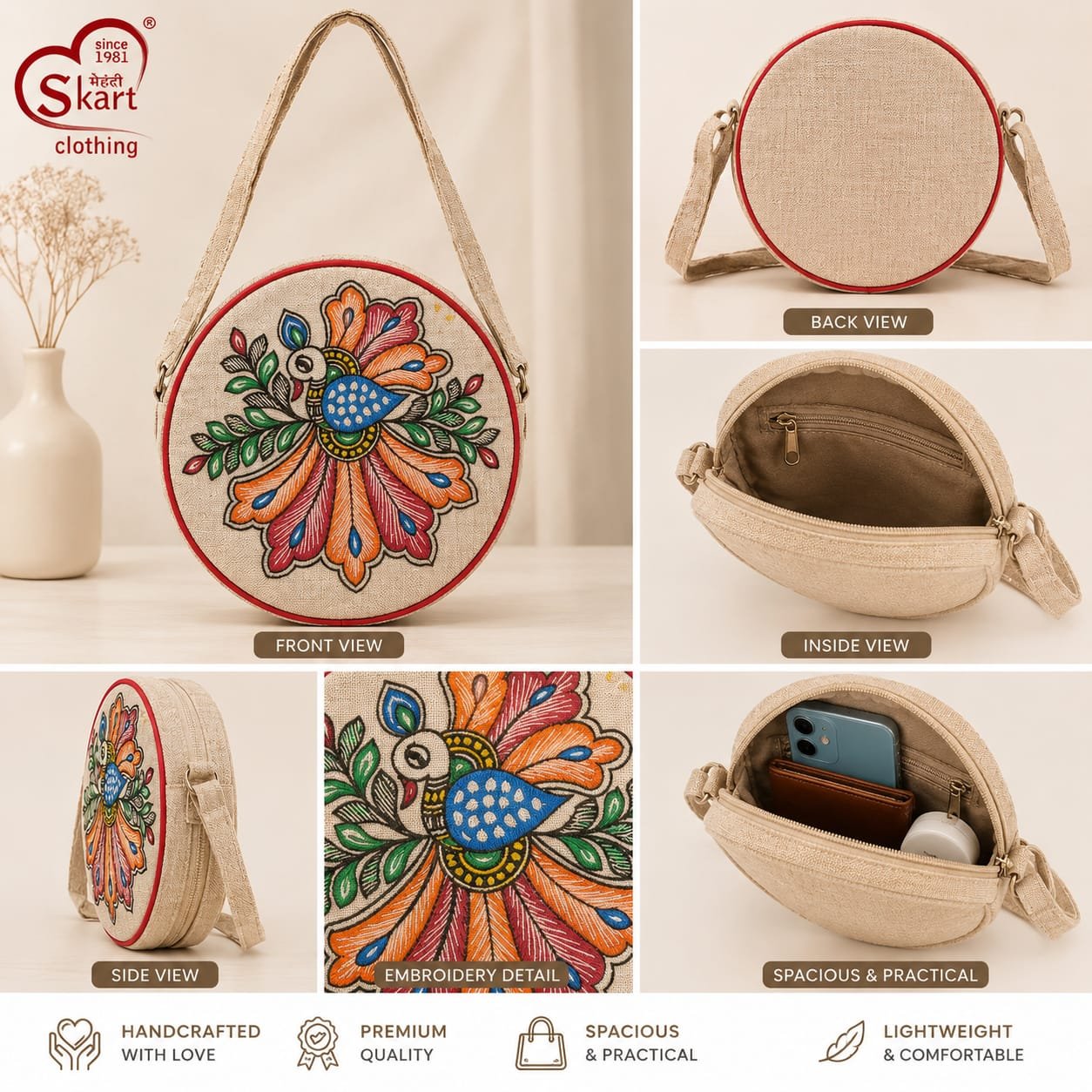 Handcrafted Embroidered Round Sling Bag for Women & Girls - View 2