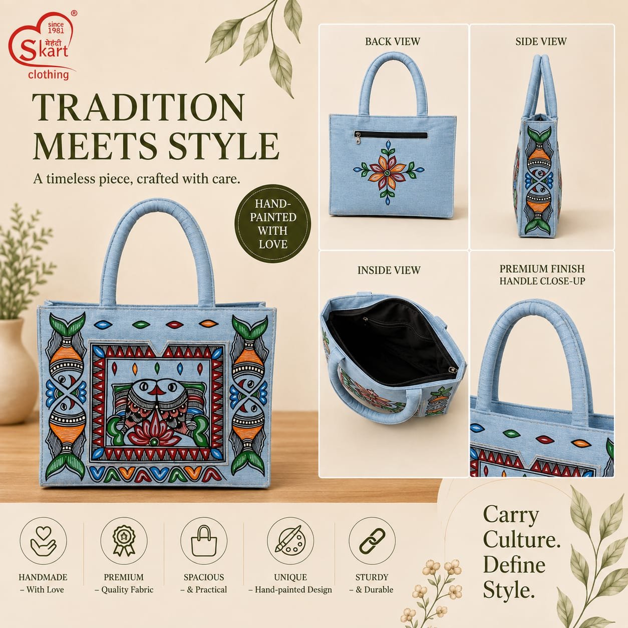 Hand-Painted Traditional Tote Bag for Women – Artistic Ethnic Design with Premium Finish - View 2