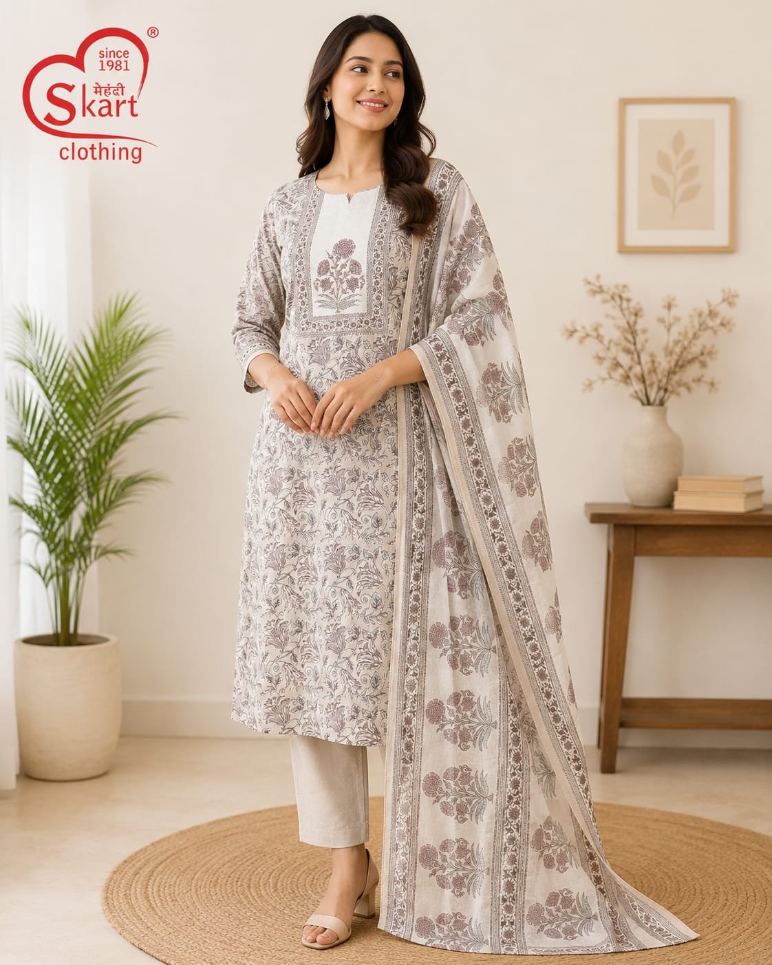 Elegant Floral Printed Cotton Kurta Set for Women with Matching Dupatta - View 2
