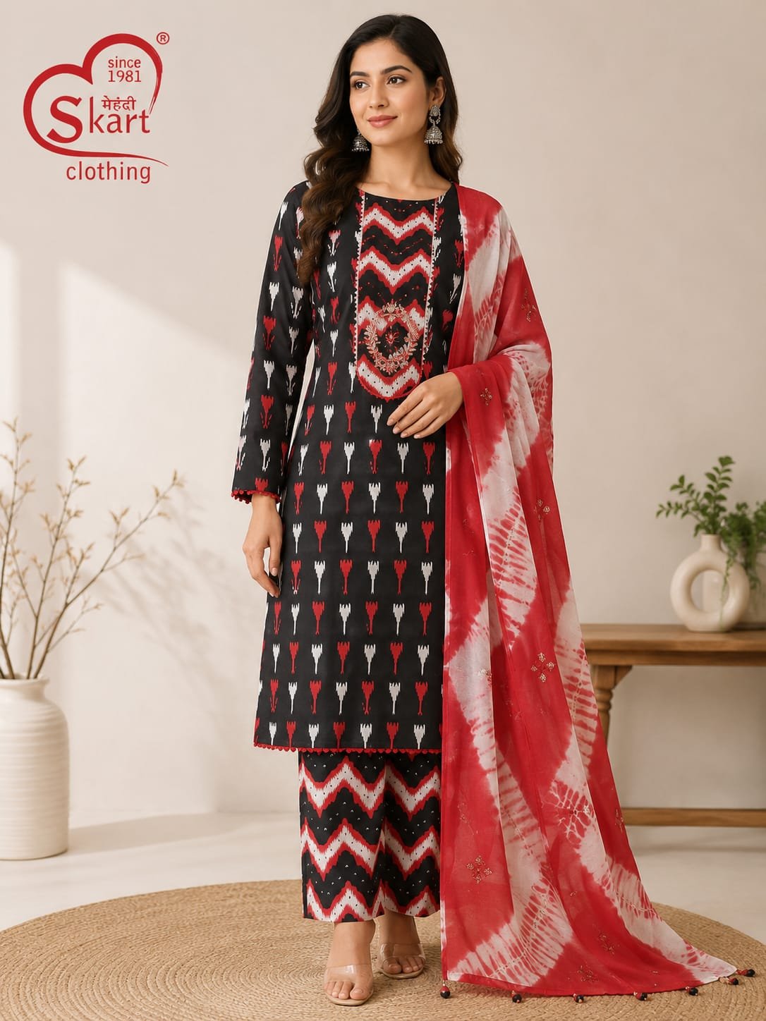 Women’s Black Printed Kurta Palazzo Set with Red Tie-Dye Dupatta – Ethnic Wear - View 2
