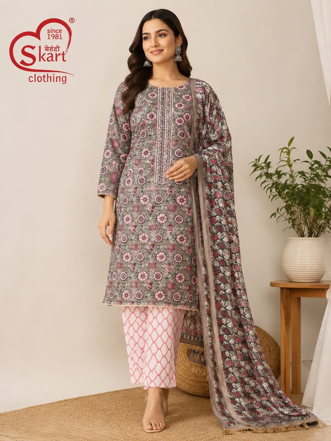 Elegant Floral Printed Cotton Suit Set with Dupatta for Women - View 2