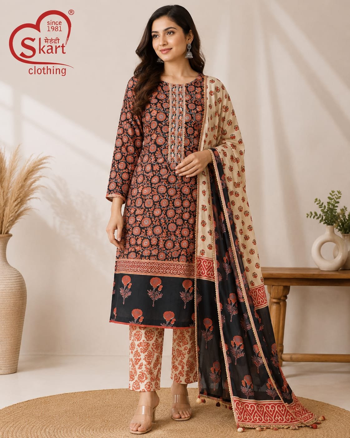 Elegant Black & Rust Floral Printed Cotton Suit Set with Dupatta - View 2
