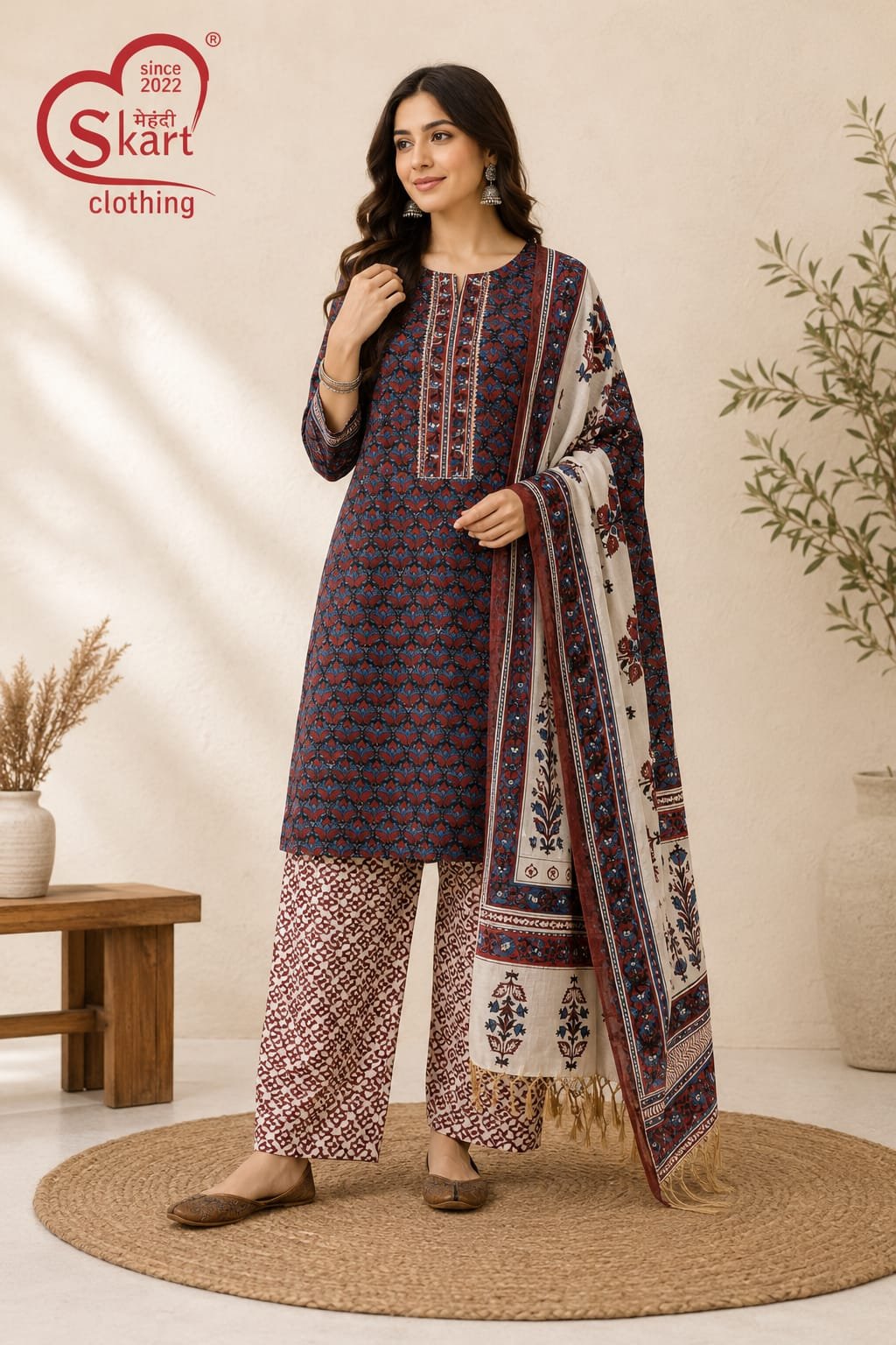 Elegant Blue & Maroon Printed Cotton Suit Set with Dupatta - View 2